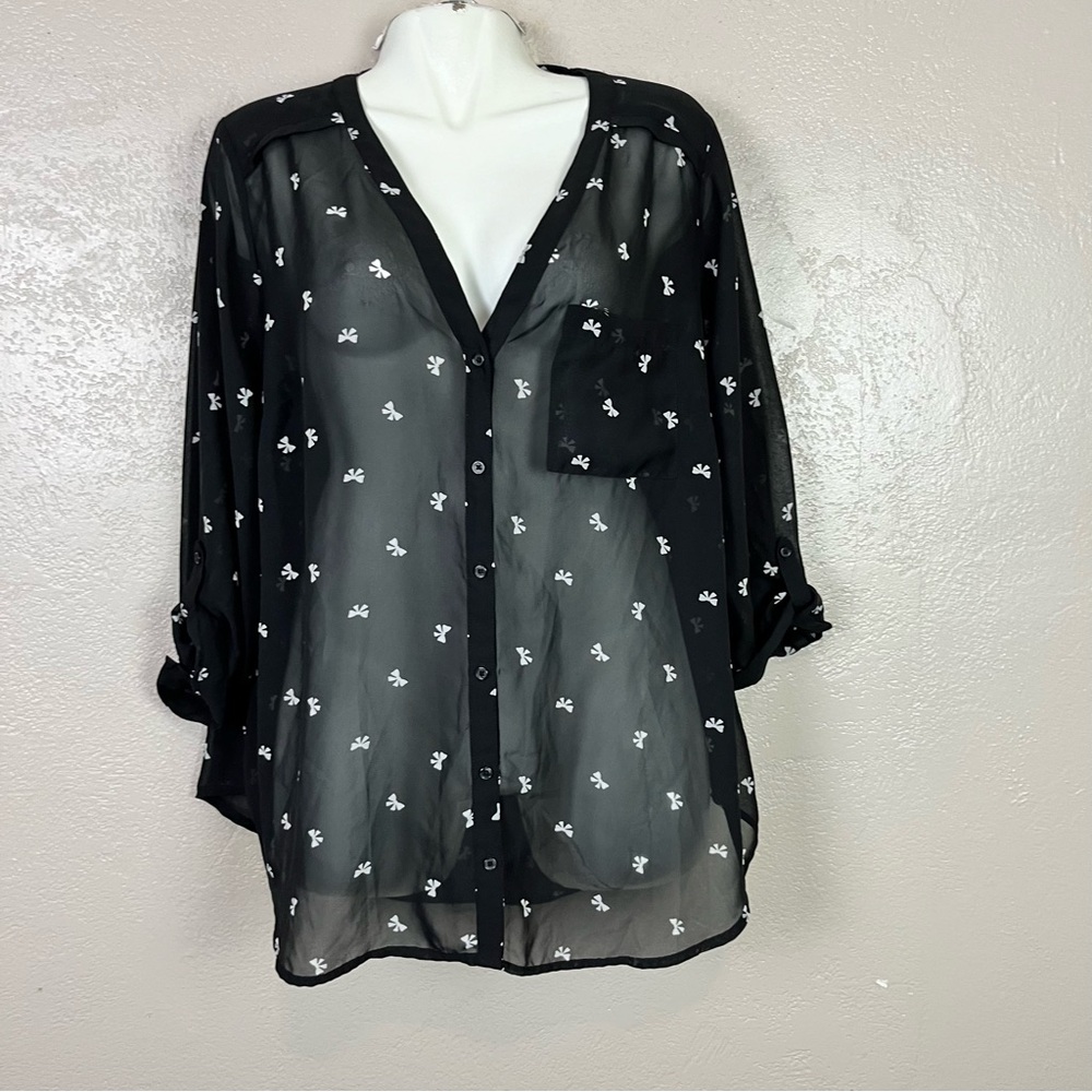 Maurices Women 2 Button Down Blouse Semi-Sheer Bow V-Neck Tab Sleeves 5 for $30 - Picture 8 of 16